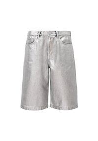 Metallic silver denim shorts with a loose fit, featuring five pockets, belt loops, and a folded hem. Smooth texture with a reflective finish.