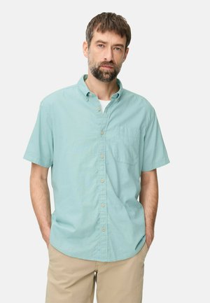 Mand med kort brunt hår og skæg iført lyseblå kortærmet skjorte med knapper og beige bukser, stående med hænderne i lommerne.