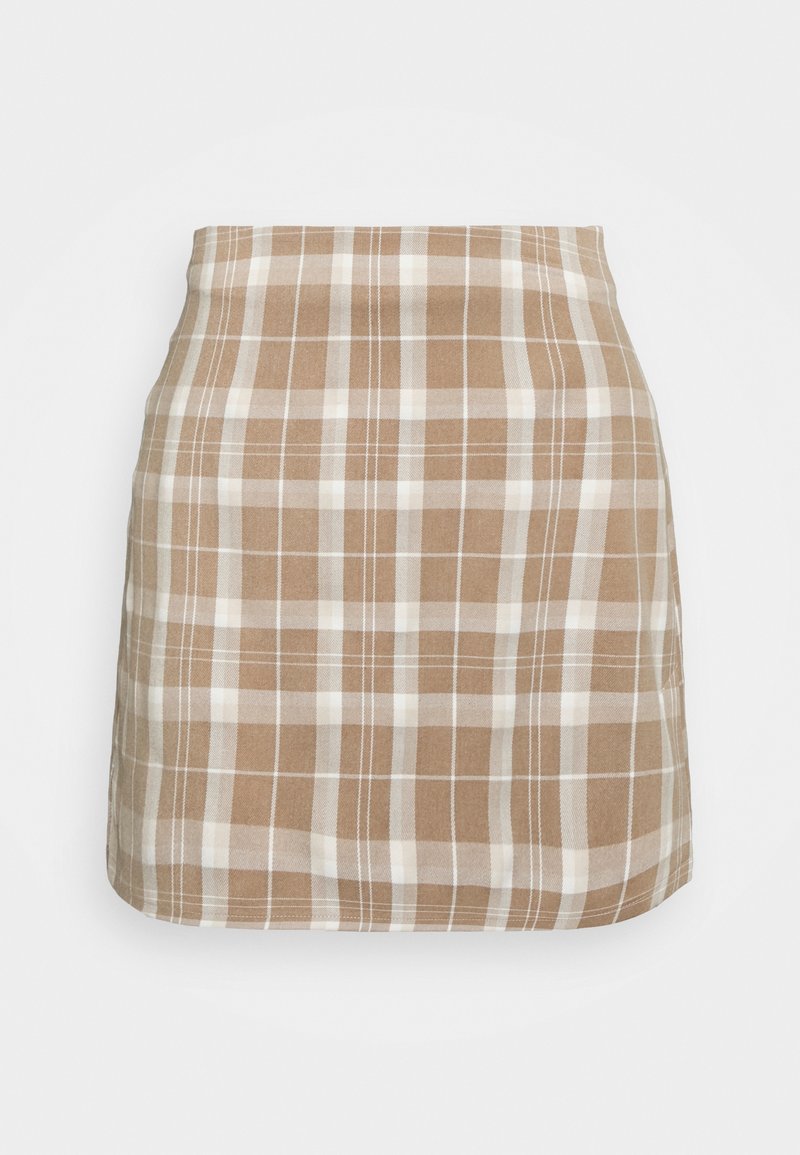 Mini-jupe à carreaux beige et blanche, coupe droite et taille haute, présentée sur un fond blanc uni.