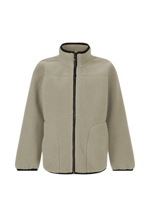 Veste en polaire de couleur gris clair avec un col haut, fermeture éclaire frontale intégrale, et des accents noirs aux poignets et à l'ourlet. Texture douce et design ajusté.