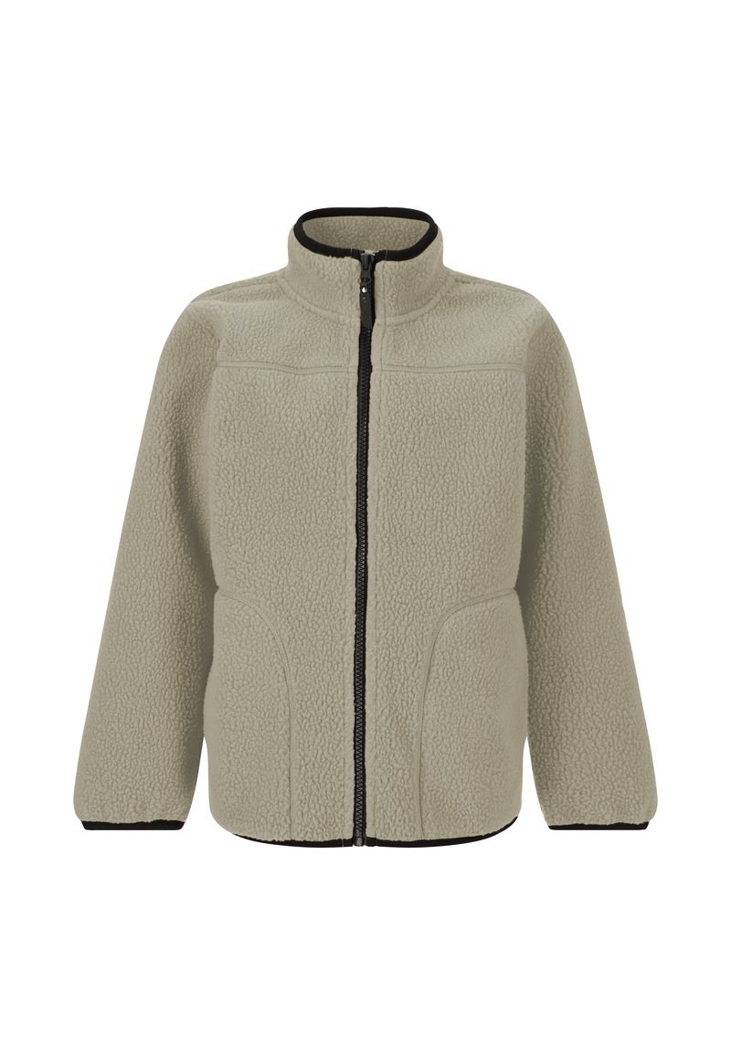 Veste en polaire de couleur gris clair avec un col haut, fermeture éclaire frontale intégrale, et des accents noirs aux poignets et à l'ourlet. Texture douce et design ajusté.