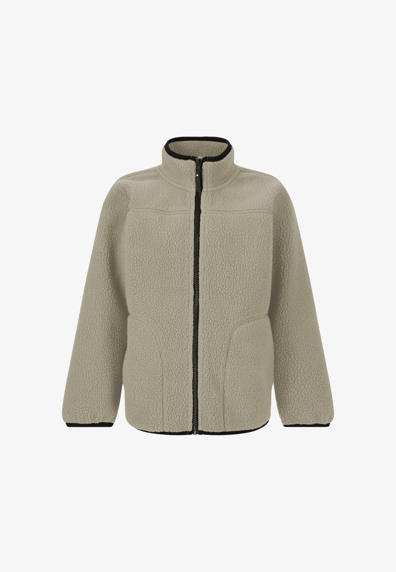Fleecejack in lichtgrijs met een hoge kraag, volledige ritssluiting aan de voorkant en zwarte accenten op de manchetten en de zoom. Zachte textuur en een slim fit ontwerp.