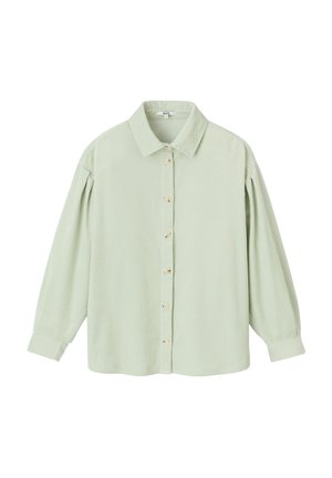 Chemise en velours côtelé vert clair avec un col, un devant boutonné et des manches longues, présentant une coupe décontractée et de subtiles rayures verticales.