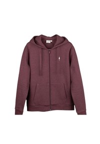 Burgunderfarbener Reißverschluss-Hoodie aus weichem Stoff mit einer vorderen Tasche, Kordelzügen und einem kleinen Baum-Emblem auf der linken Brustseite.