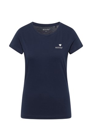 Tricou din bumbac bleumarin, cu guler rotund, mâneci scurte și un mic logo alb în formă de inimă cu textul "MUSTANG" pe pieptul stâng.
