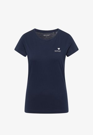 Námorně modré bavlněné tričko s kulatým výstřihem, krátkými rukávy a malým bílým srdíčkem s textem "MUSTANG" na levé části hrudníku.