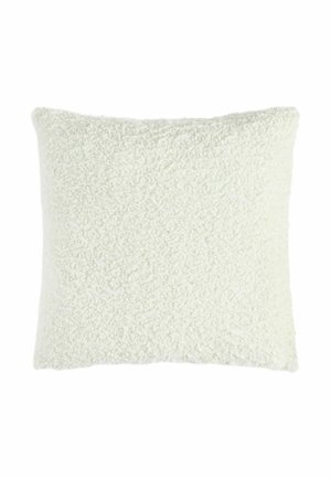 Quadratisches weißes Kissen mit weichem, strukturiertem, lockigem Stoff, der Sherpa- oder Fleece-Material ähnelt.