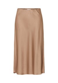 Satin midi skirt in a soft beige color, featuring a smooth texture, flared silhouette, and side slit details.