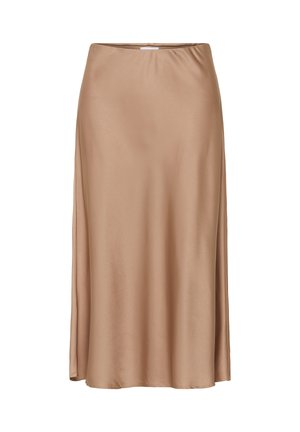 Satin midi skirt in a soft beige color, featuring a smooth texture, flared silhouette, and side slit details.