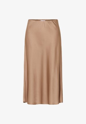 Fustă midi din satin, într-o nuanță bej deschis, cu o textură fină, siluetă evazată și detalii cu fante laterale.