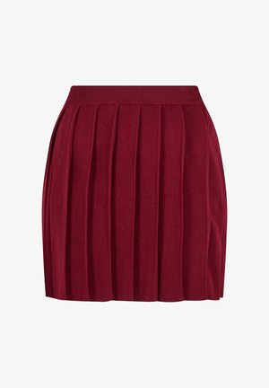 Czerwona spódnica plisowana z żebrowanym pasem. Wykonana z miękkiego materiału, z pionowymi plisami, które dodają faktury i objętości.