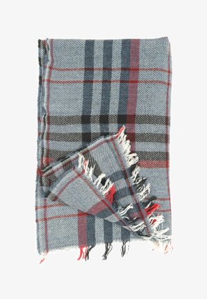 Gefalteter Wollschal mit einem blau-schwarz-roten Karomuster und fransigen Rändern.