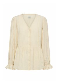 Blusa crema con maniche lunghe, scollo a v e bottoni frontali. Tessuto testurizzato con bordo in pizzo lungo i lati e dettaglio in vita arricciato.
