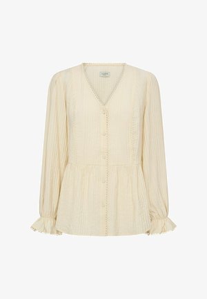 Crèmekleurige blouse met lange mouwen, v-hals en voorknopjes. Gestructureerde stof met kantafwerking langs de randen en geplooide taille-detail.
