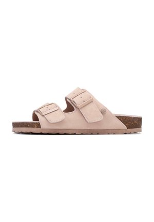 Sandalias de dos tiras en rosa claro con hebillas ajustables, parte superior de ante y plantilla de corcho texturizada. Suela de goma estriada para mayor agarre.