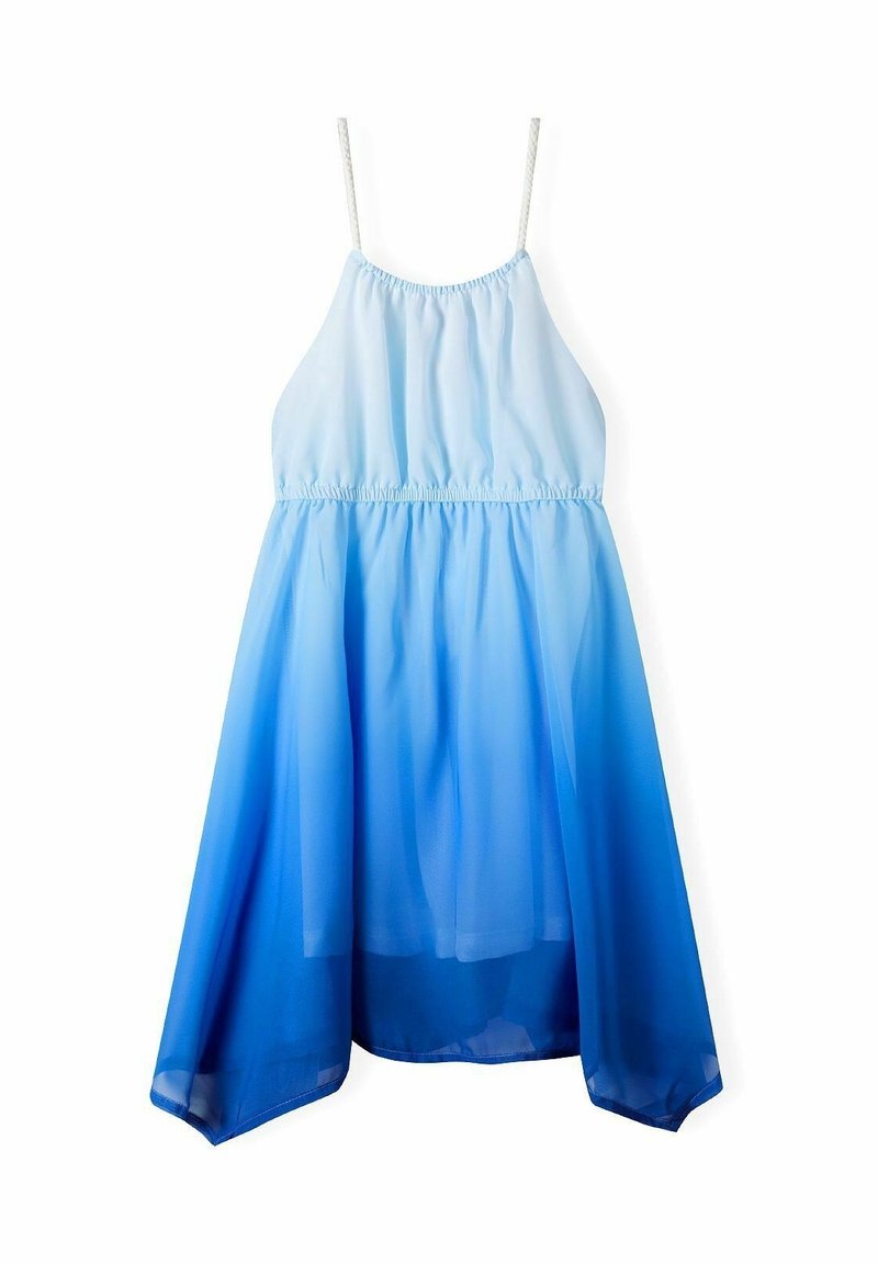 Robe ombrée bleue sans manches avec fines bretelles blanches tressées, taille cintrée et ourlet asymétrique, tissu léger.