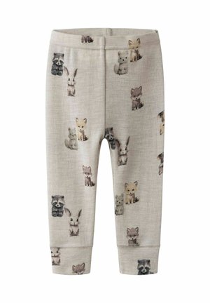 Leggings en coton jusqu'aux genoux de couleur gris clair avec un motif répétitif d'animaux variés dans des teintes douces, ceinture élastique et poignets ajustés.