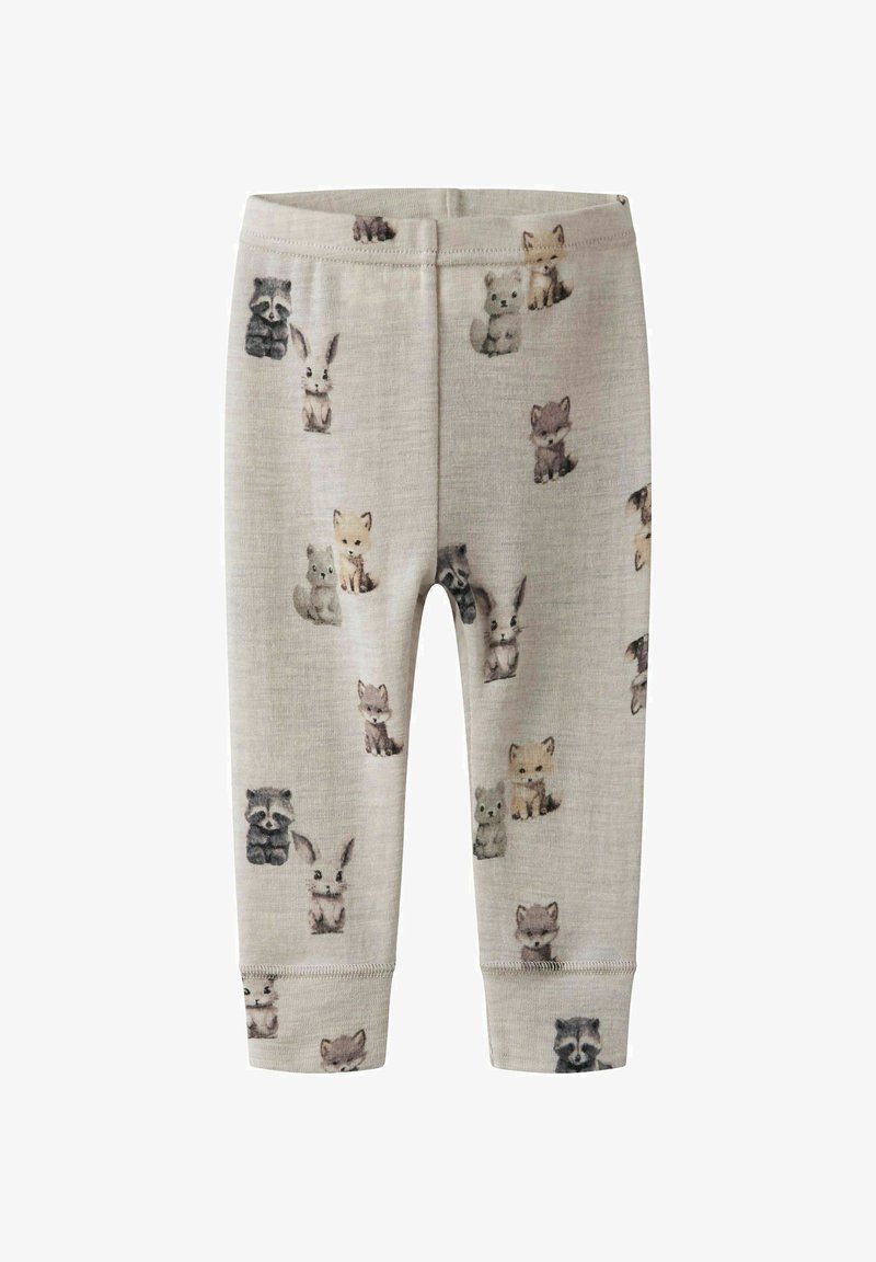 Leggings en coton jusqu'aux genoux de couleur gris clair avec un motif répétitif d'animaux variés dans des teintes douces, ceinture élastique et poignets ajustés.