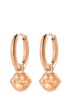 Rose gold hoop earrings with dangling paw print charms, smooth polished metal, symmetrical pair on white background.