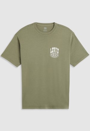 Olive green cotton t-shirt with a round neck, short sleeves, and a white Levi's logo printed on the left chest. Smooth texture, casual fit.