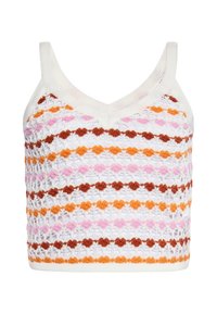 Top corto lavorato a maglia con scollatura a V, caratterizzato da strisce alternate di arancione, rosa e marrone su uno sfondo bianco, design in maglia testurizzata.