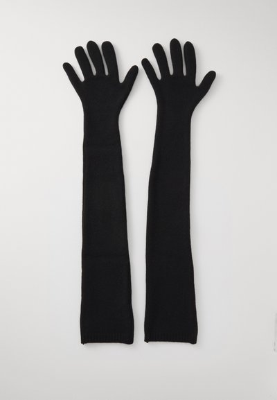 Mânuși lungi, negre, tricotate, cu o textură netedă, design aderent și deschideri individuale pentru degete. Fără accente sau modele vizibile.