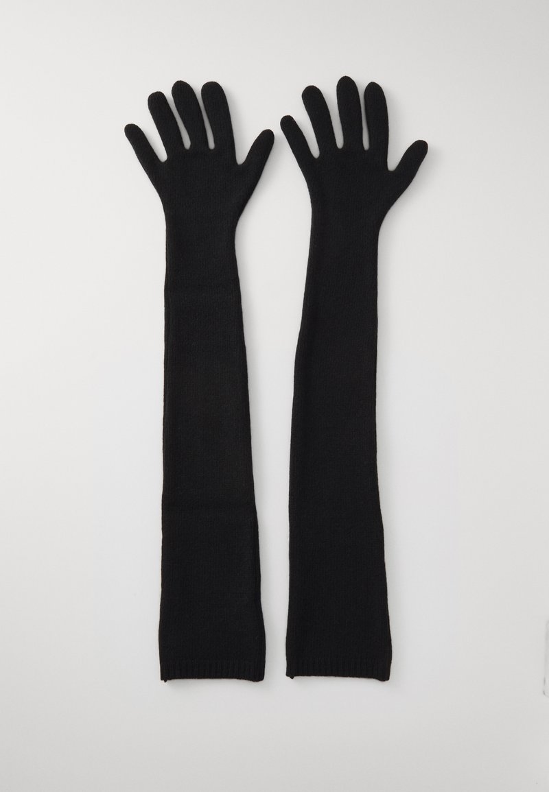 Black, knitted, long gloves with a smooth texture, fitted design, and individual finger openings. No visible accents or patterns.