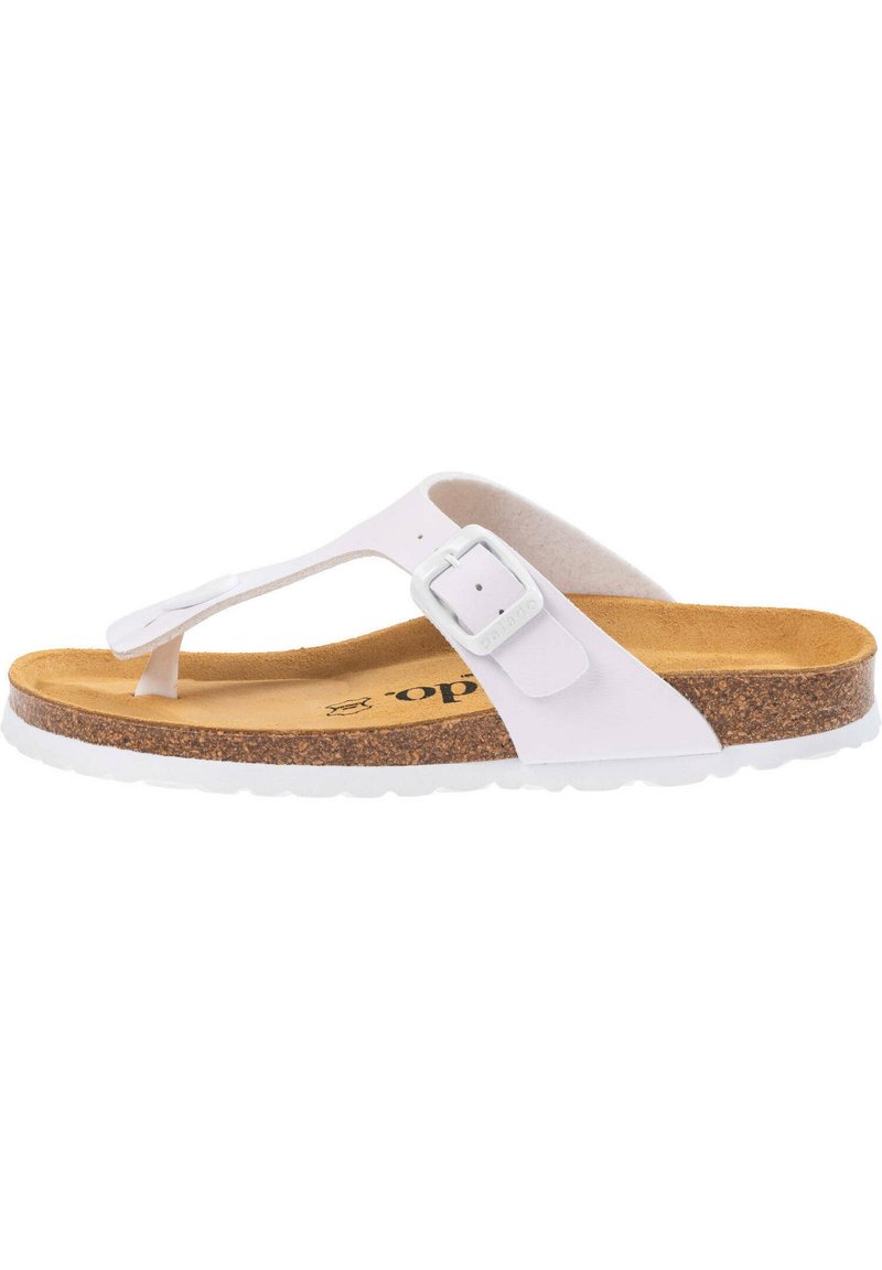 Hvide thong sandaler med spænde, korkfodbed og tekstureret gummisål. Flad design og minimalistisk stil.
