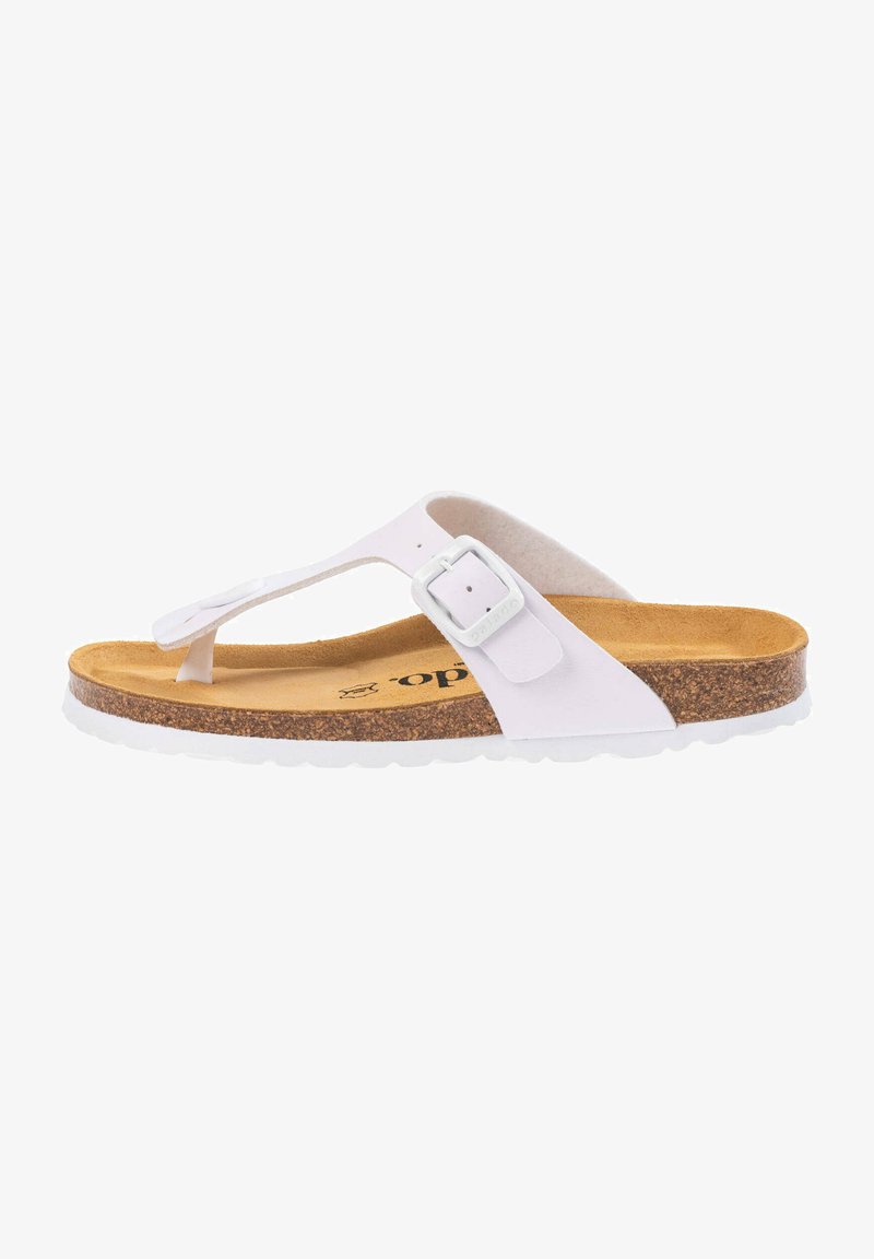 Hvide thong sandaler med spænde, korkfodbed og tekstureret gummisål. Flad design og minimalistisk stil.