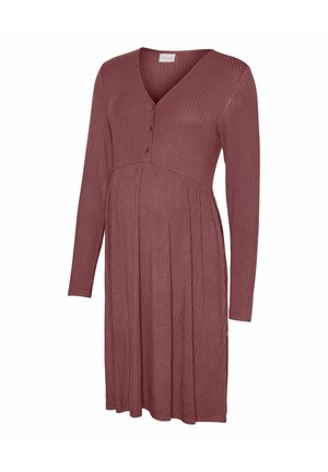 Pika varrukaga soonikkoes raseduskleit tuhmunud roosa värvusega, V-kaeluse ja nööbitava eesosaga.