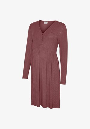 Pika varrukaga soonikkoes raseduskleit tuhmunud roosa värvusega, V-kaeluse ja nööbitava eesosaga.