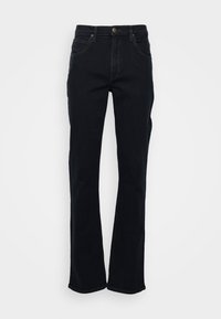 Jean noir taille haute avec bouton et fermeture éclair à l'avant, design cinq poches et jambes légèrement évasées sur fond blanc uni.