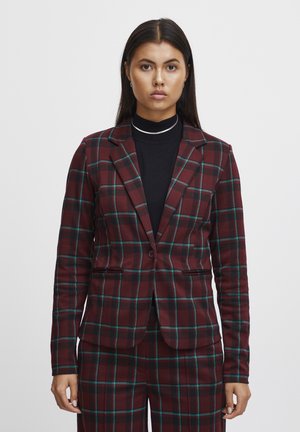 Burgundy plaid blazer with blue accents, fitted design, notched lapels, single button closure, and two front pockets. Smooth fabric texture.