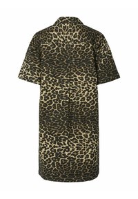 Abito a maniche corte con stampa leopardo in tonalità di marrone e nero, dotato di colletto, vestibilità rilassata e lunghezza sotto al ginocchio.