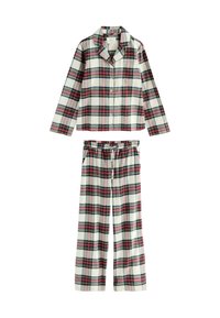Rutet pyjamasæt med en knap-op skjorte og bukser med elastisk liv i creme, rød, grøn og sort, lavet af blødt stof.