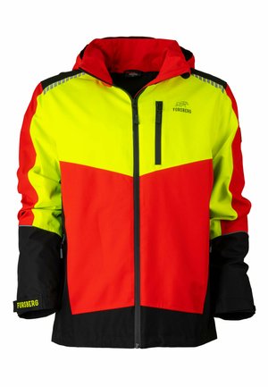 Hochsichtbare Jacke mit neon-gelben, roten und schwarzen Einsätzen, Frontreißverschluss, Kapuze und verstellbaren Bündchen. Strapazierfähiger Stoff und ergonomisches Design.