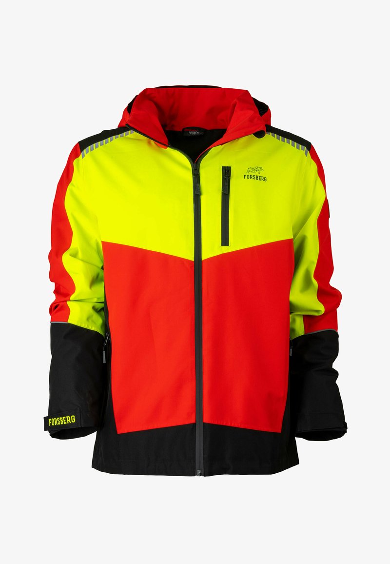 Giacca ad alta visibilità con pannelli giallo neon, rosso e nero, dotata di zip frontale, cappuccio e polsini regolabili. Tessuto resistente e design ergonomico.