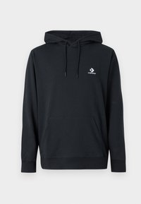Μαύρο hoodie από βαμβάκι με μπροστινή τσέπη καγκουρό, κουκούλα με κορδόνι και λευκό λογότυπο στο στήθος. Διαθέτει μακριά μανίκια και ριμπ μανσέτες.