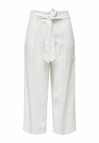 Białe, skrojone spodnie o długości 3/4 z pionowymi jasnoniebieskimi paskami, związywane w pasie i z bocznymi kieszeniami. Wykonane z lekkiego materiału.