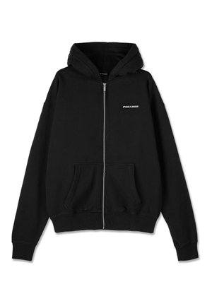 Black zip-up hoodie made from cotton blend. Features a hood, front pockets, and a small white “PEGADOR” logo on the left chest.