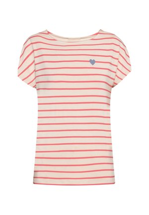 Crèmekleurig T-shirt met korte mouwen, horizontale roze strepen en een klein blauw hartje op de bovenste linkerborst.