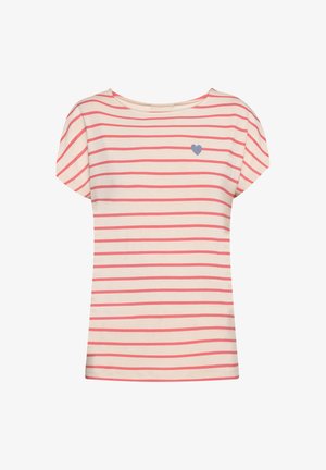 Crèmekleurig T-shirt met korte mouwen, horizontale roze strepen en een klein blauw hartje op de bovenste linkerborst.