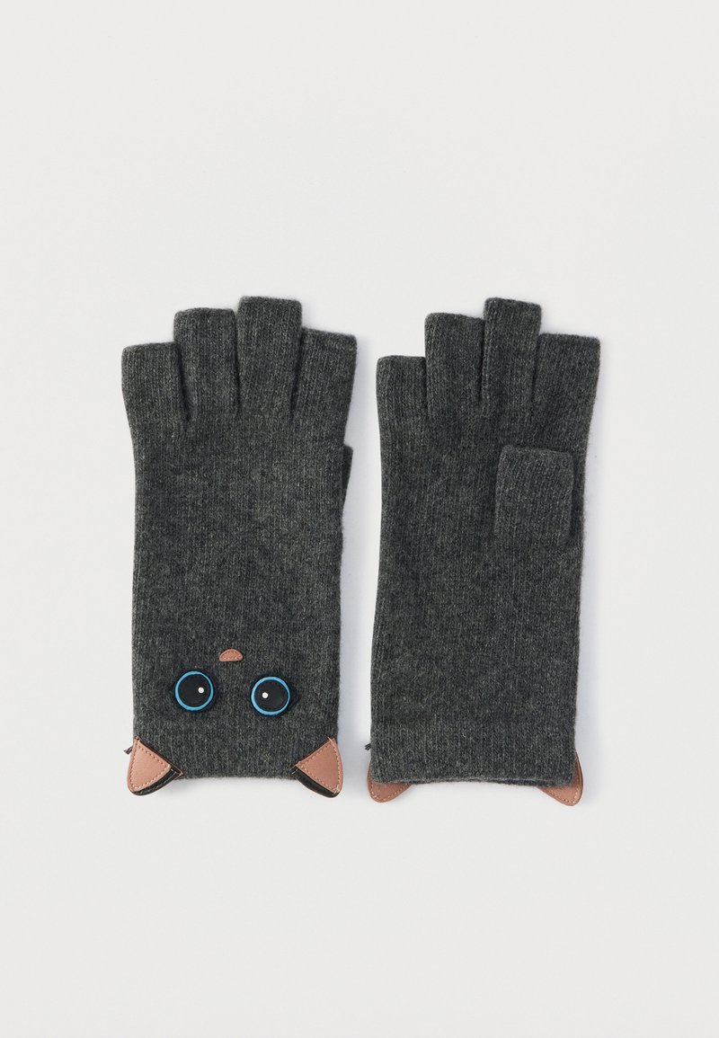 Guanti grigi senza dita con design a tema gatto con orecchie, occhi blu e accenti marroni. Realizzati in morbido materiale a maglia.