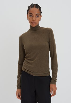 Olivengrünes, langärmliges Rollkragenoberteil aus weichem, strukturiertem Stoff, mit einem figurbetonten Schnitt und einer glatten Silhouette.