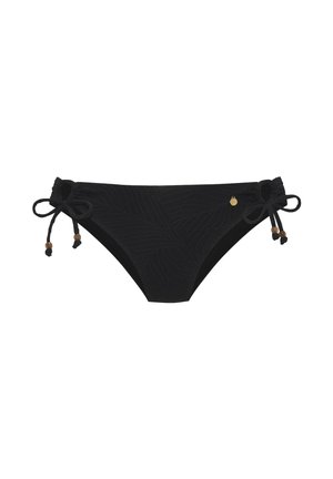 Schwarzes Bikini-Höschen mit strukturiertem Blattmuster, verstellbaren Kordeln an jeder Seite und kleinen Perlenakzenten an den Bindebändern.