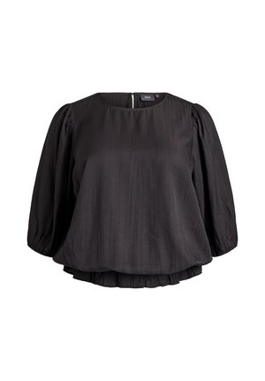Blusa nera realizzata in tessuto testurizzato, caratterizzata da un collo rotondo, maniche a sbuffo e orlo fluente e stratificato. Chiusura con zip sulla schiena.