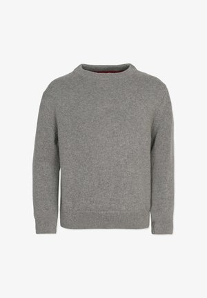 Lys grå strikket sweater med klassisk rund hals, ribbede manchetter og kant. Blød tekstur, enkelt design og ingen synlige mønstre eller detaljer.