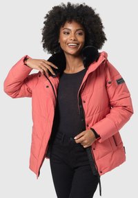 Coral puffer jacket with a faux fur collar, zip and snap closure, ribbed cuffs, and side pockets. Features diagonal quilting and logo patch.