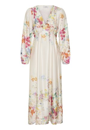 Longue robe crème avec un décolleté en V profond, des manches longues bouffantes et un imprimé floral multicolore dispersé sur le tissu.