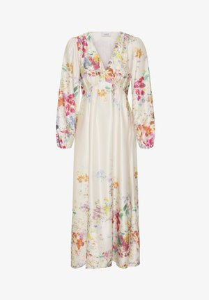 Lange crèmekleurige jurk met diepe V-hals, lange pofmouwen en een meerkleurige bloemenprint verspreid over de stof.